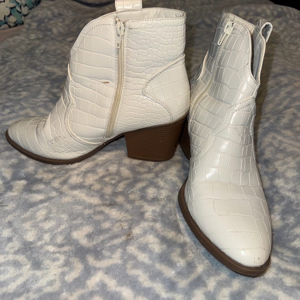 White Croc-Embossed Ankle Boots